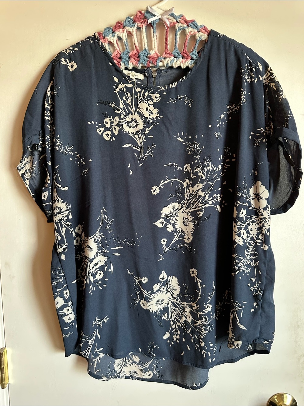 Maurices Navy and Cream Floral Short Sleeve Blouse